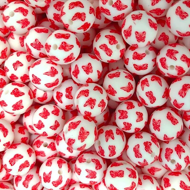 15mm Silicone Beads Red Yellow Butterfly Print 50pcs