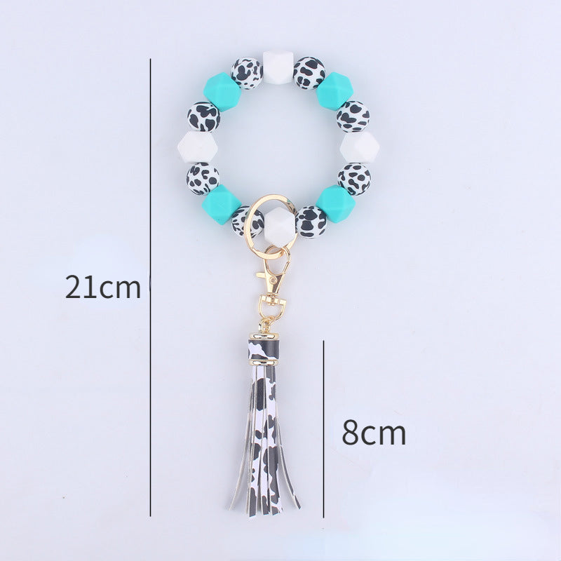 Leopard Print Silicone Bead Tassel Wristlet Keychain 5
