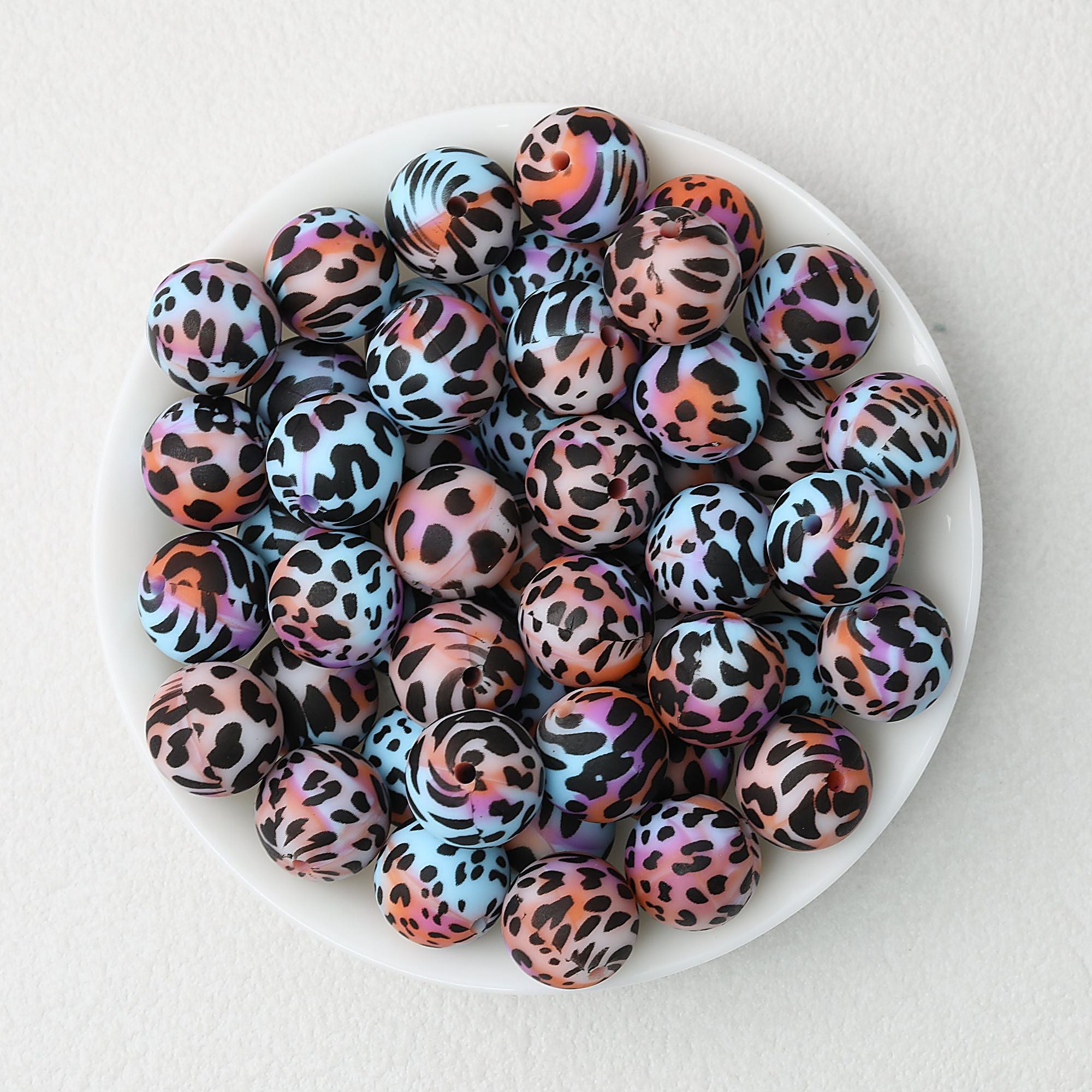 15mm Colored Leopard Print Round Silicone Beads 50pcs - Cow Iridescent 2