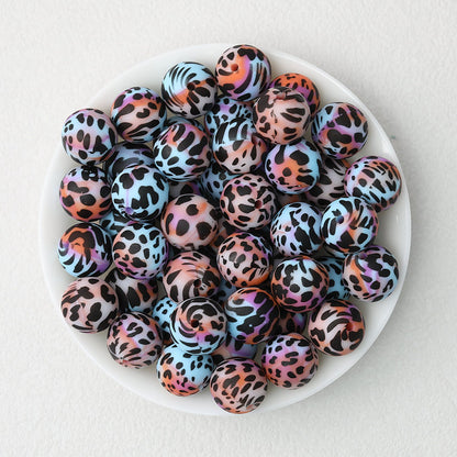 15mm Colored Leopard Print Round Silicone Beads 50pcs - Cow Iridescent 2