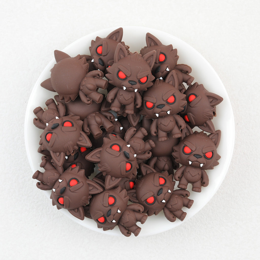 3D Brown Werewolf Silicone Focal Beads Wholesale, Halloween Red-Eyed Design