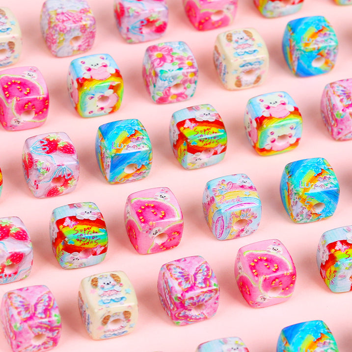 Rainbow Bear Acrylic Square Beads 14mm Oil Painting Print 10pcs