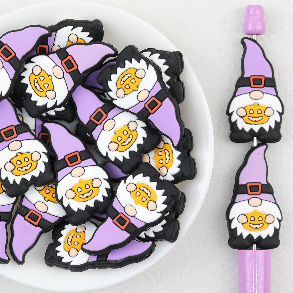 Purple Gnome Silicone Focal Beads Wholesale, Halloween Pumpkin with Witch Hat and Jack-o-Lantern Face