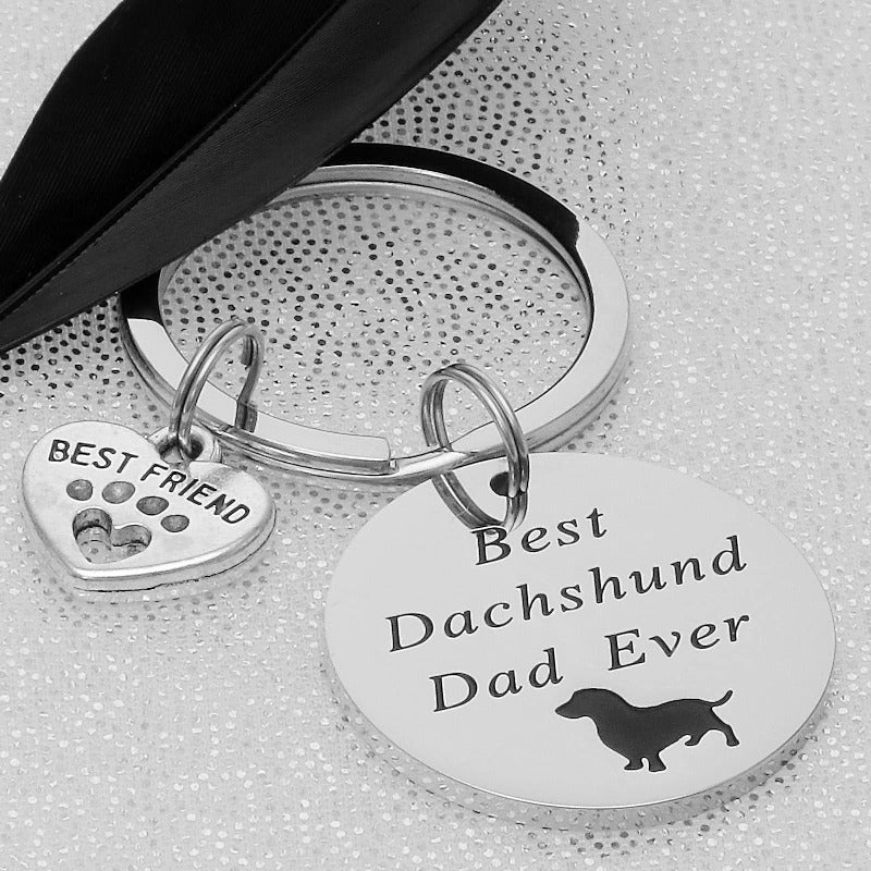 Dachshund Dog Keychain Stainless Steel Engraved Paw Print Charm 2