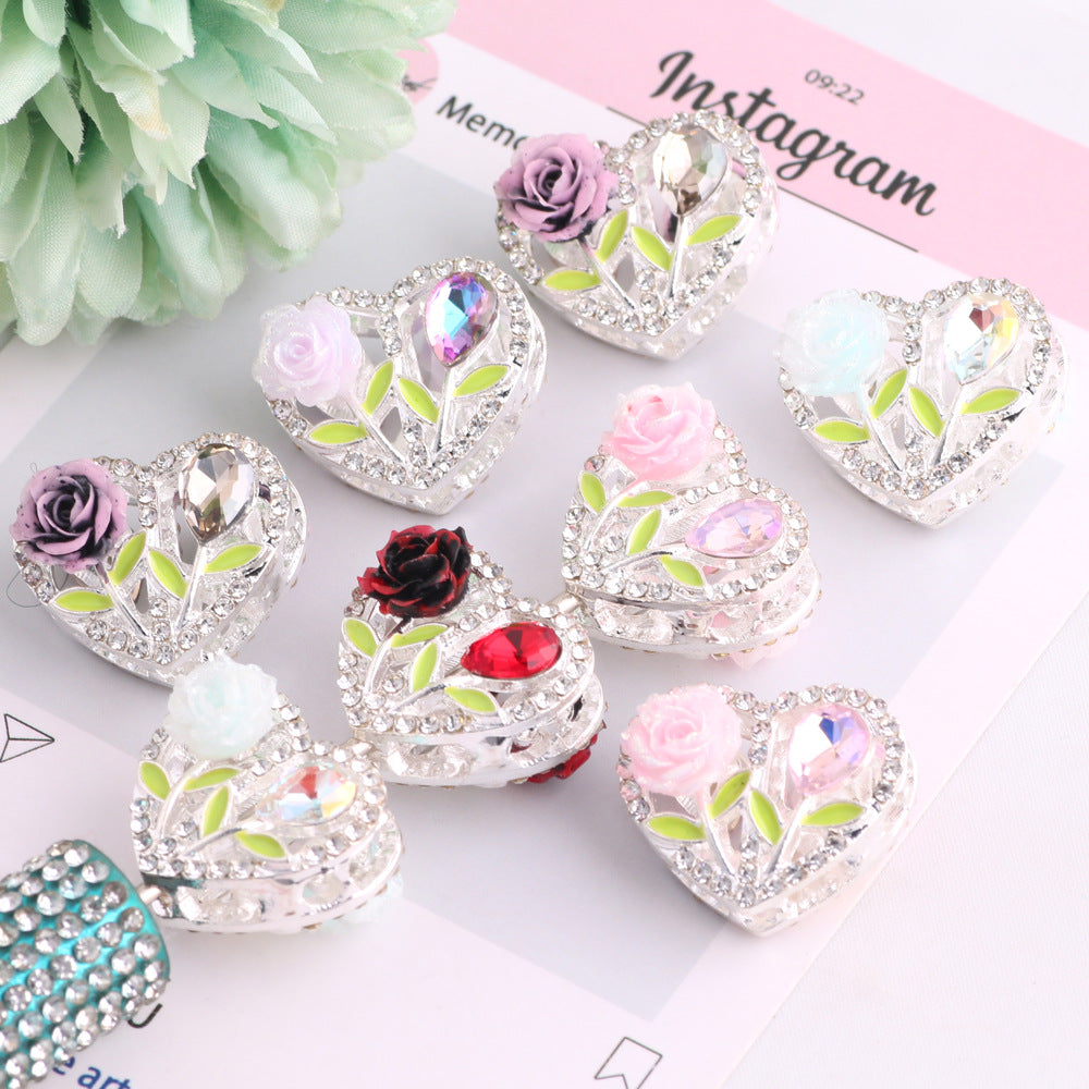 Fancy Heart Shaped Rose Rhinestone Alloy Beads 20mm 3pcs 2