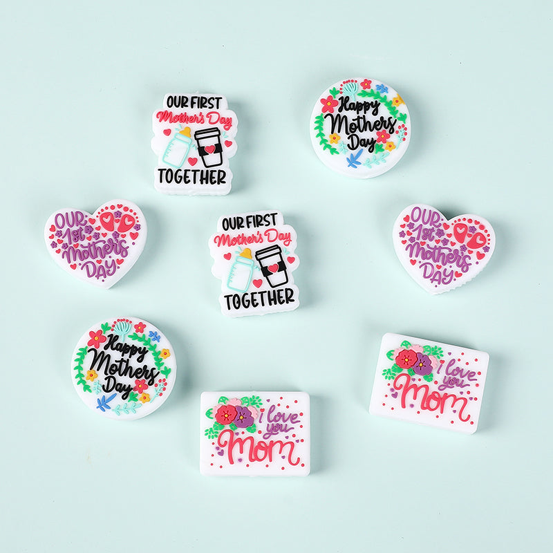 Silicone Focal Beads Mother Day Circle Badge Smiling Face 20pcs 2