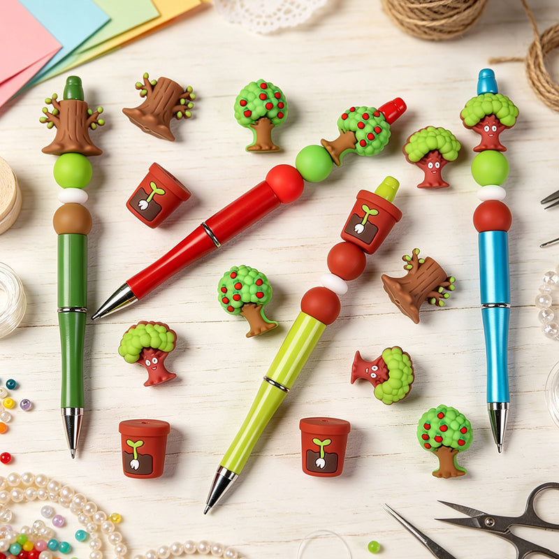 Silicone 3D Green Tree and Potted Plant Focal Beads 20pcs 7