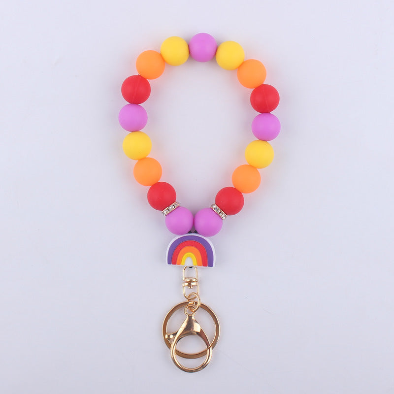 Rainbow Silicone Bead Wristlet Keychain with Rainbow Charm 10