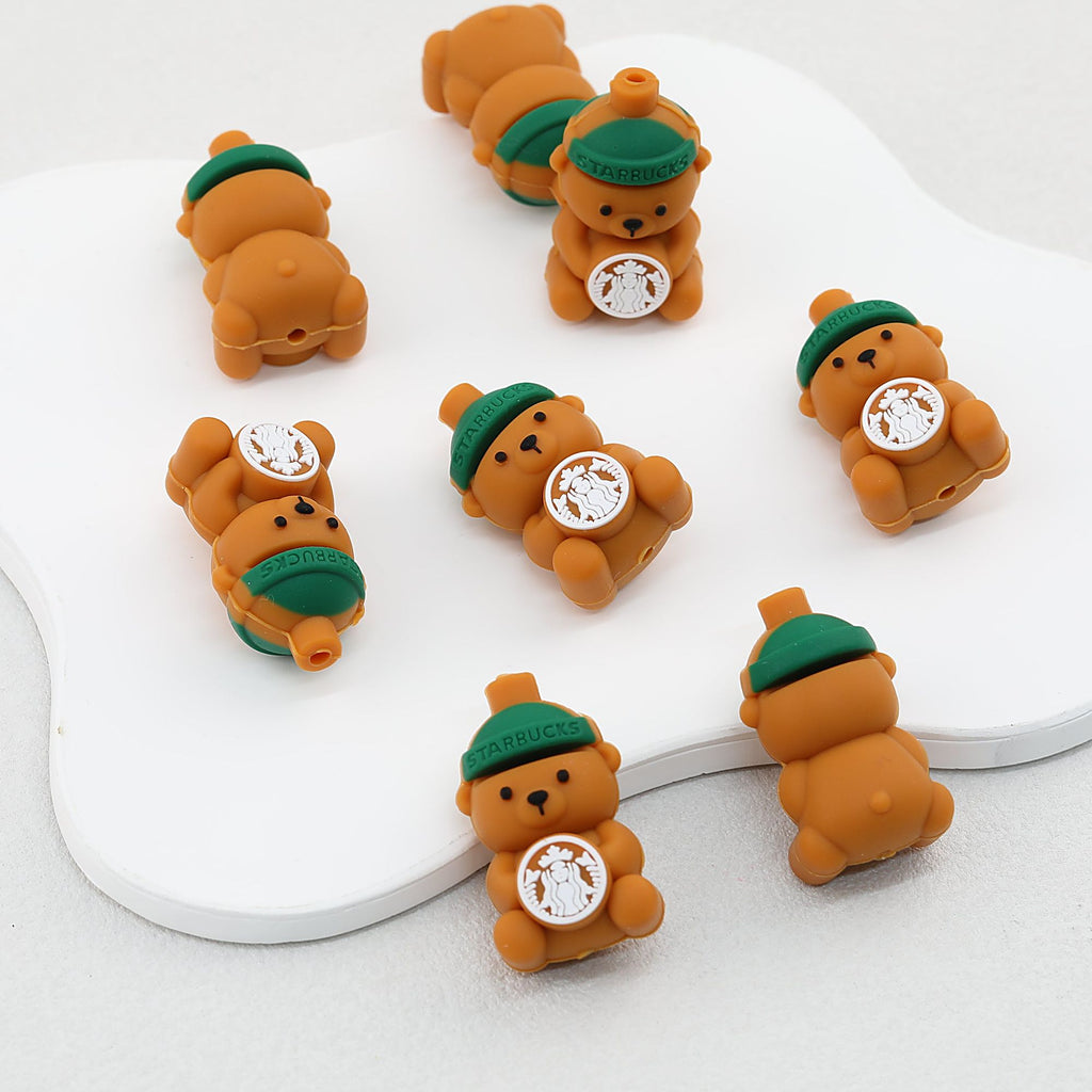 3D Bear Silicone Focal Beads with Green Hat and Coffee Cup 20pcs