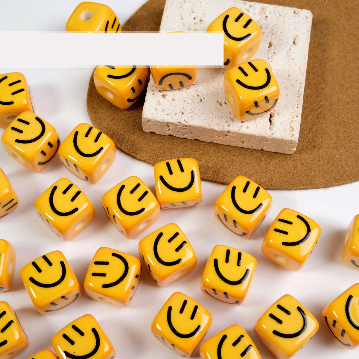 Yellow Smiling Square Acrylic Beads 14mm Glossy Retro 10pcs