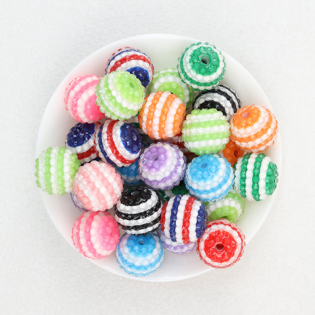 Colorful Round Resin Beads Wholesale, Striped Rhinestone Bubblegum Red White Stripe Pattern, 20mm