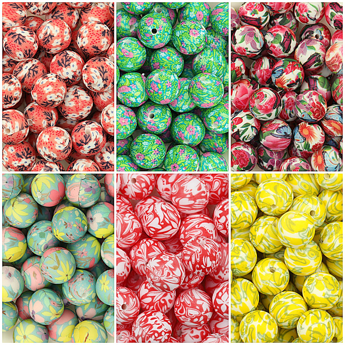 15mm Floral Pattern Print Round Silicone Beads Dark Base 50pcs