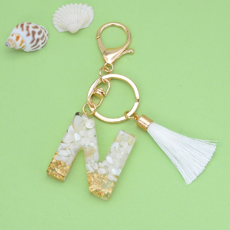 Tassel Letter A Keychain Resin Gold Flakes White Tassel 17