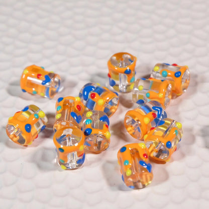 Painted Heart Pattern Cylindrical Glass Beads 11x13mm Hand Painted 10pcs 12