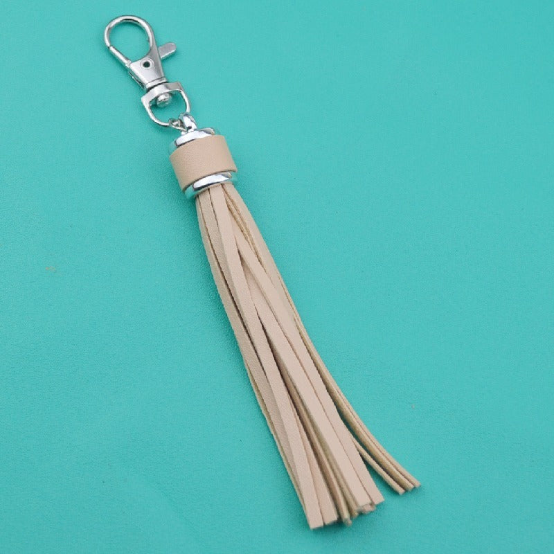 PU Leather Tassel Keychain 9cm Strips Silver Lobster Clasp 7