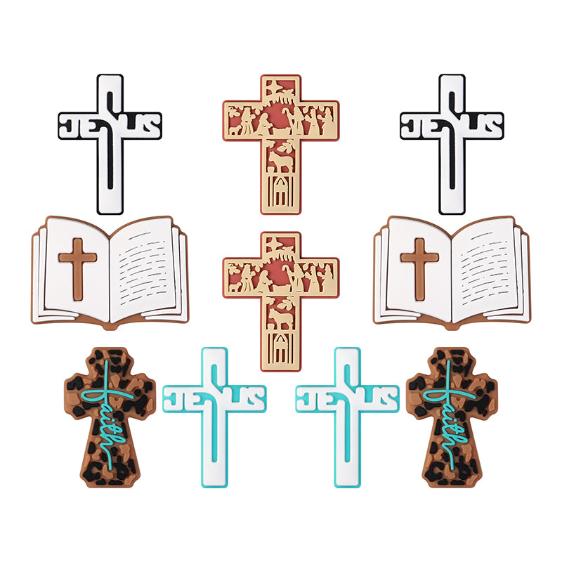 Silicone Focal Beads Bible Cross Leopard Print and Birthday of Jesus 20pcs