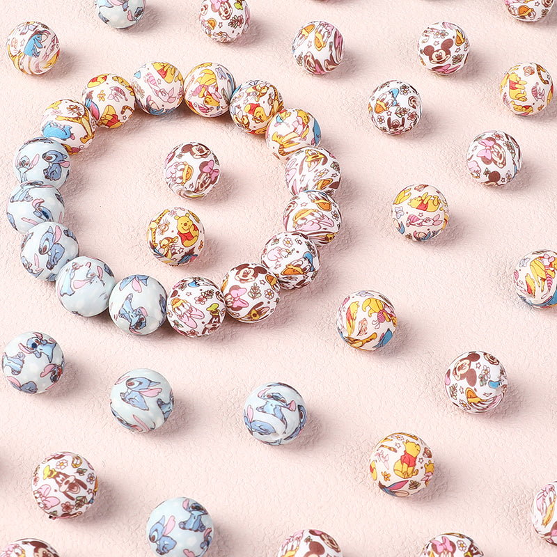 15mm Silicone Beads Disney Character Mix Mickey Stitch Winnie 50pcs 3