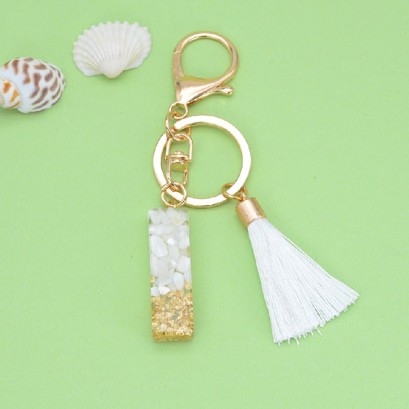 Tassel Letter A Keychain Resin Gold Flakes White Tassel 12