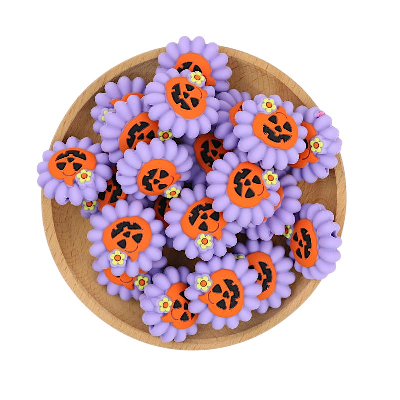 Silicone 3D Focal Beads Halloween Pumpkin With Purple Flower 20pcs 3
