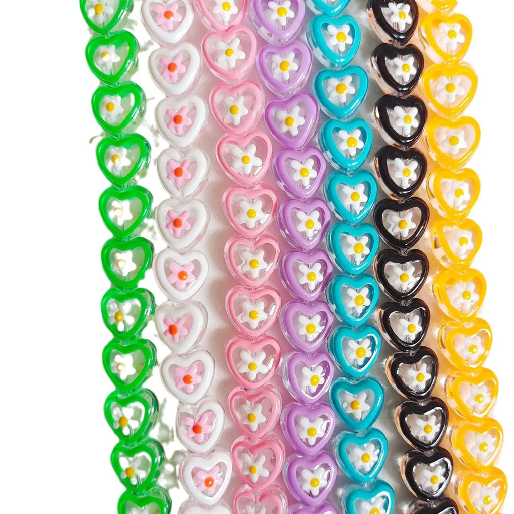 Hand Painted Flower Pattern Heart Enamel Glass Beads 12mm 20pcs 2