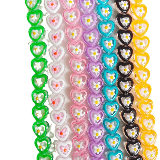 Hand Painted Flower Pattern Heart Enamel Glass Beads 12mm 20pcs 2