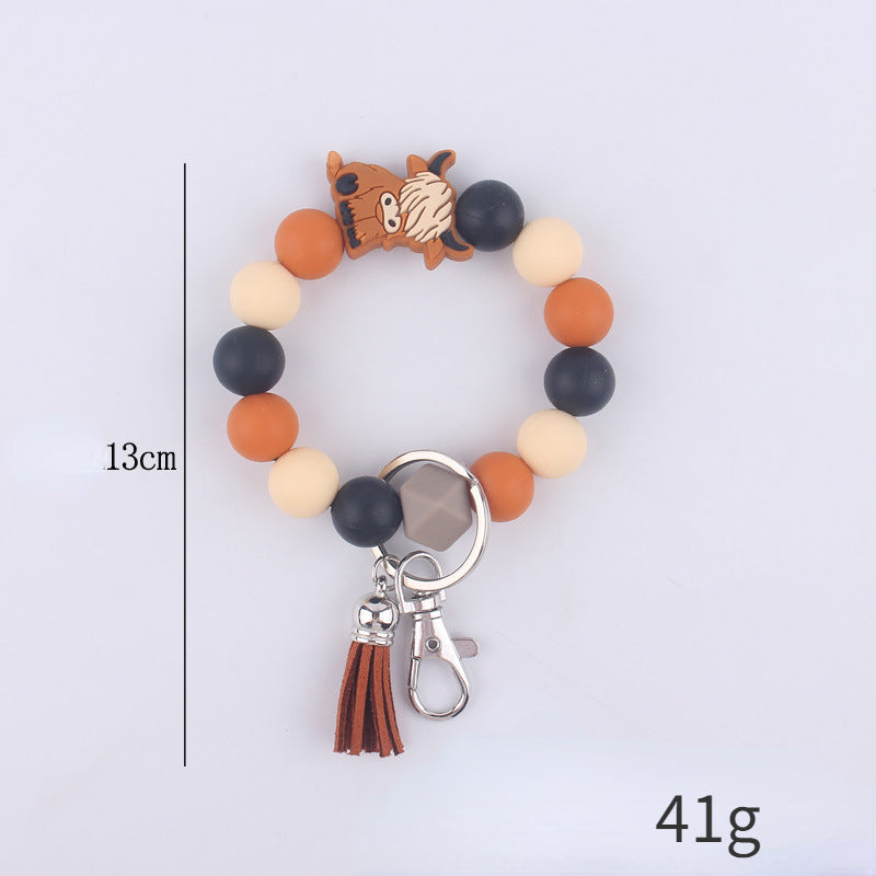 Silicone Beaded Yak Wristlet Keychain with Faux Leather Tassel 5