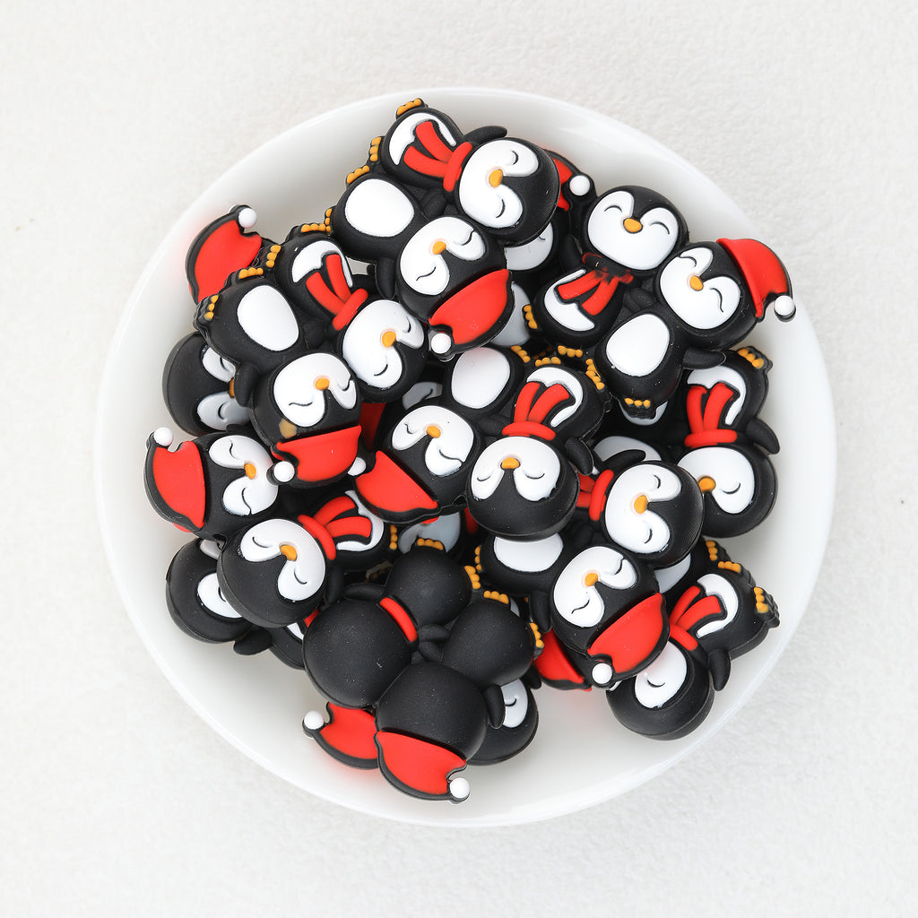 3D Cute Two Christmas Penguins Silicone Focal Beads