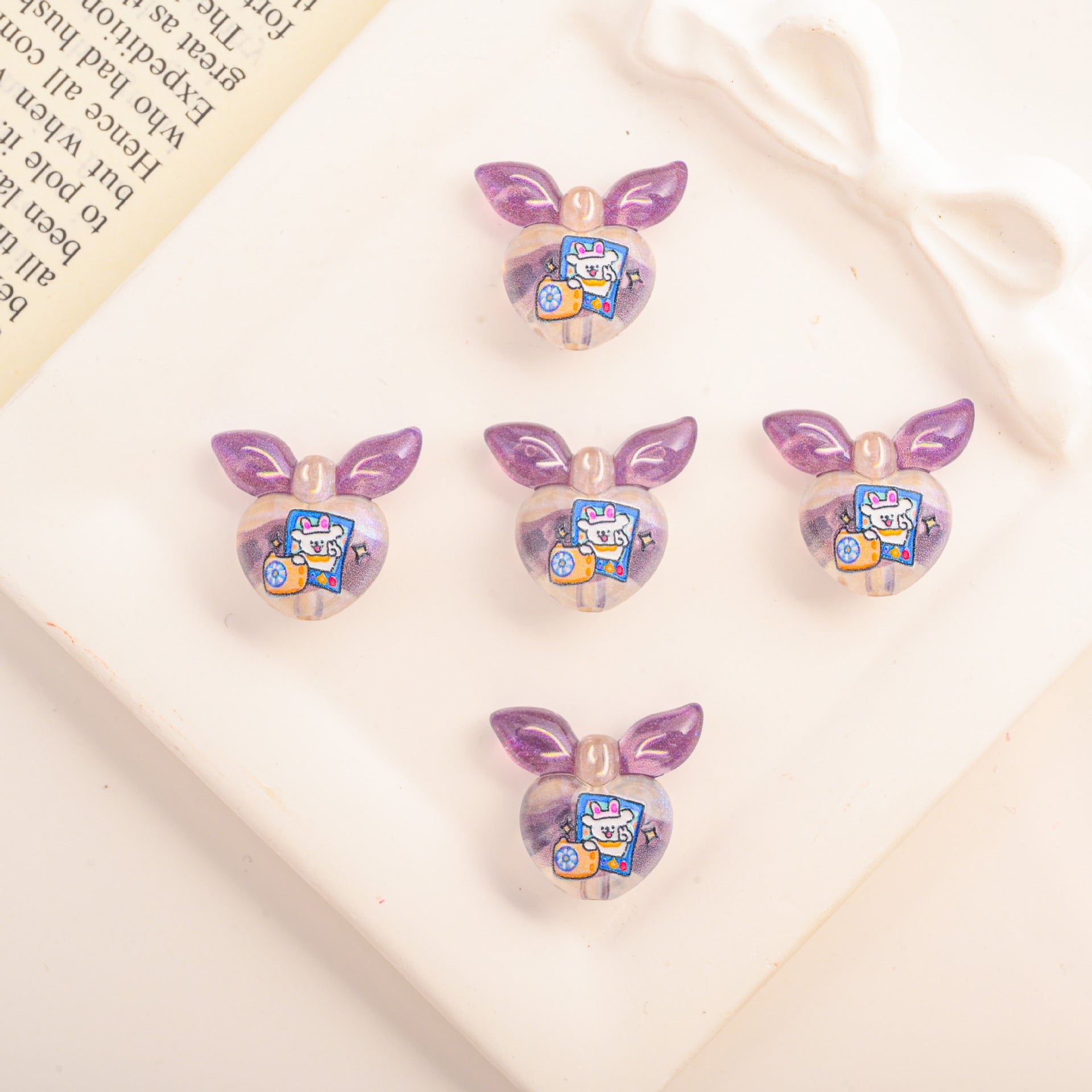 Cute Gradient Heart Shape Acrylic Beads with Bunny Prints 20pcs 6
