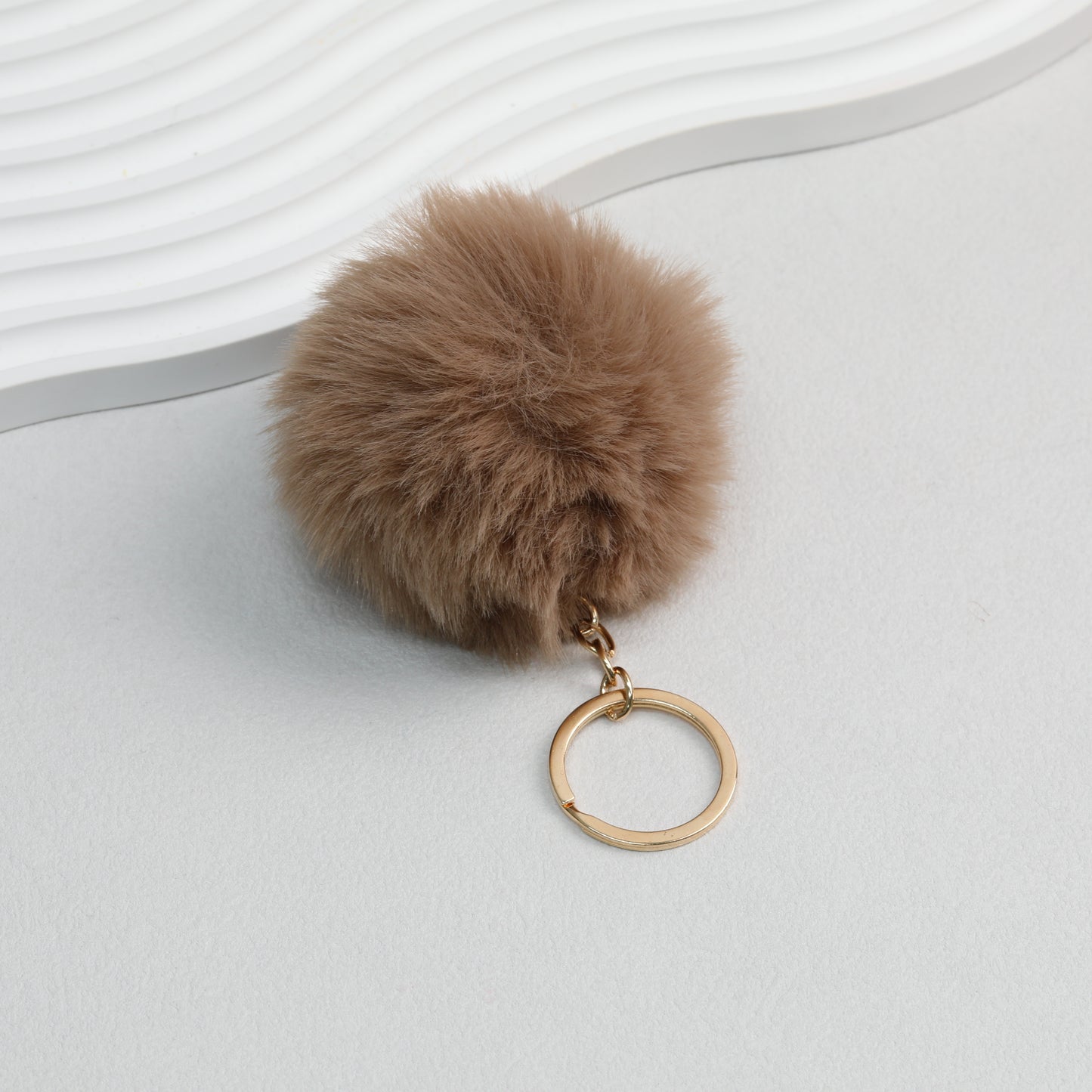 Pom Pom Keychain Plush Violet Faux Fur Ball Gold Ring 8cm