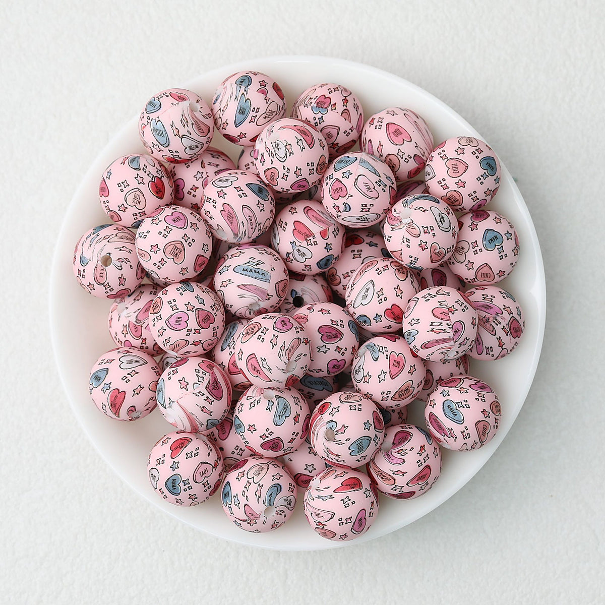Valentine Heart Printed 15mm Printed Silicone Beads 50pcs - Pink