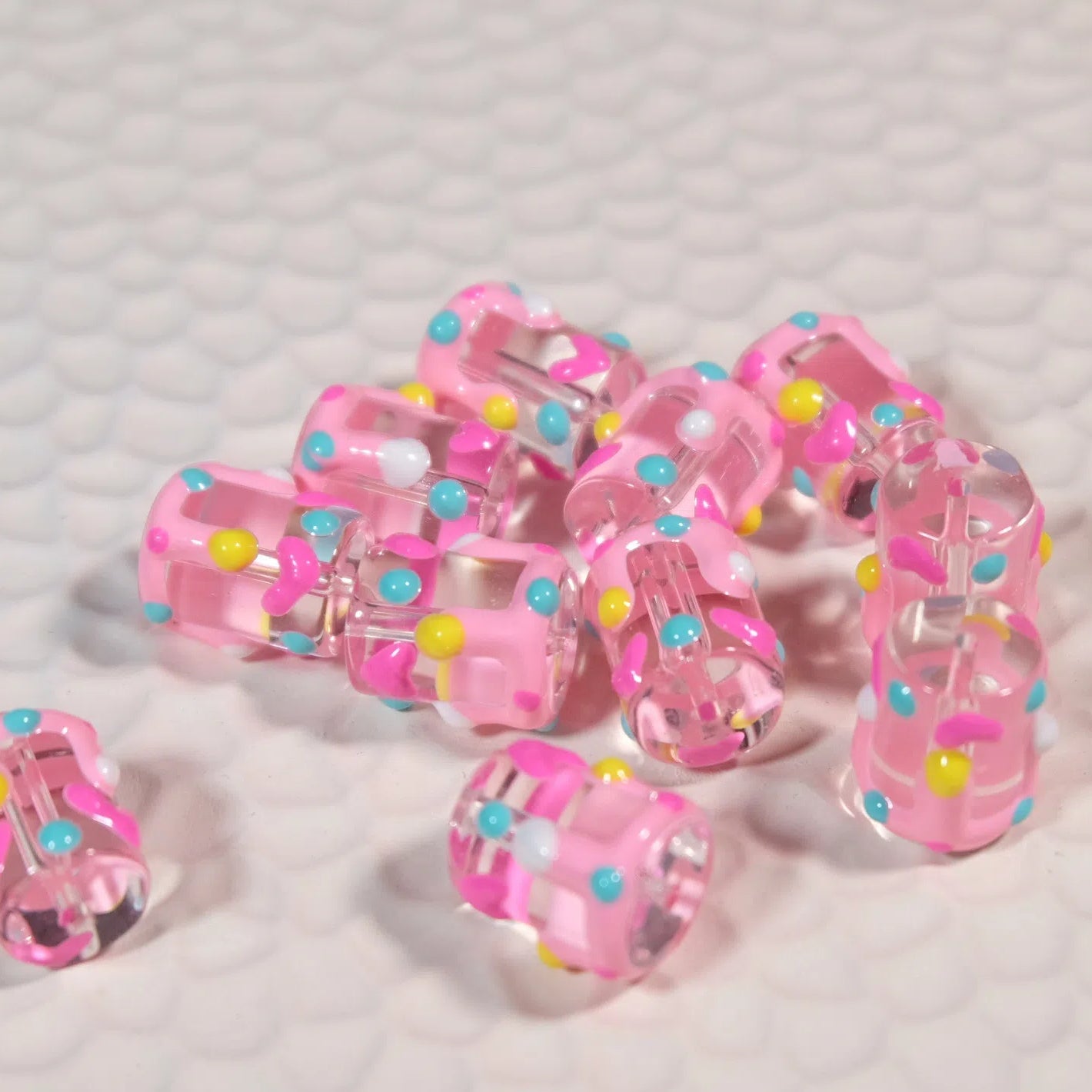 Painted Heart Pattern Cylindrical Glass Beads 11x13mm Hand Painted 10pcs 7