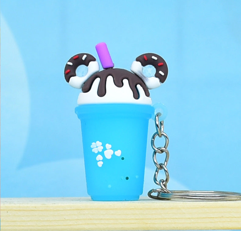 Soft Rubber Milk Tea Drink Keychain with Donut Ears and Dripping Tops 9