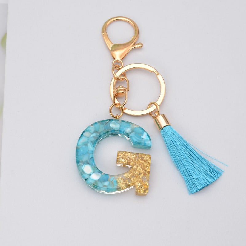 Blue Resin Tassel Monogram Keychain with Gold Flake Accent 9