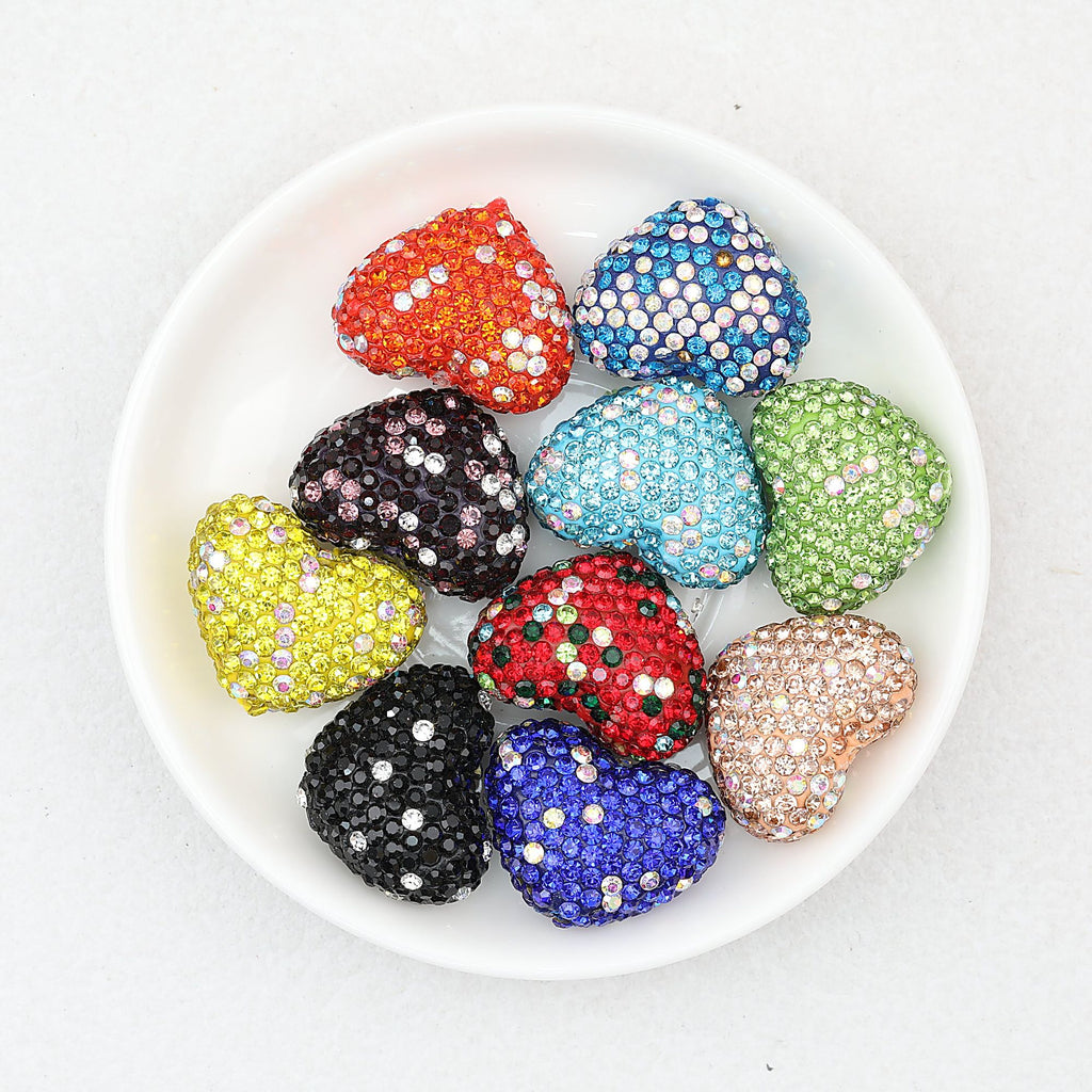 Fancy Rhinestone Polymer Clay Heart Beads 24mm 10pcs - Random Color