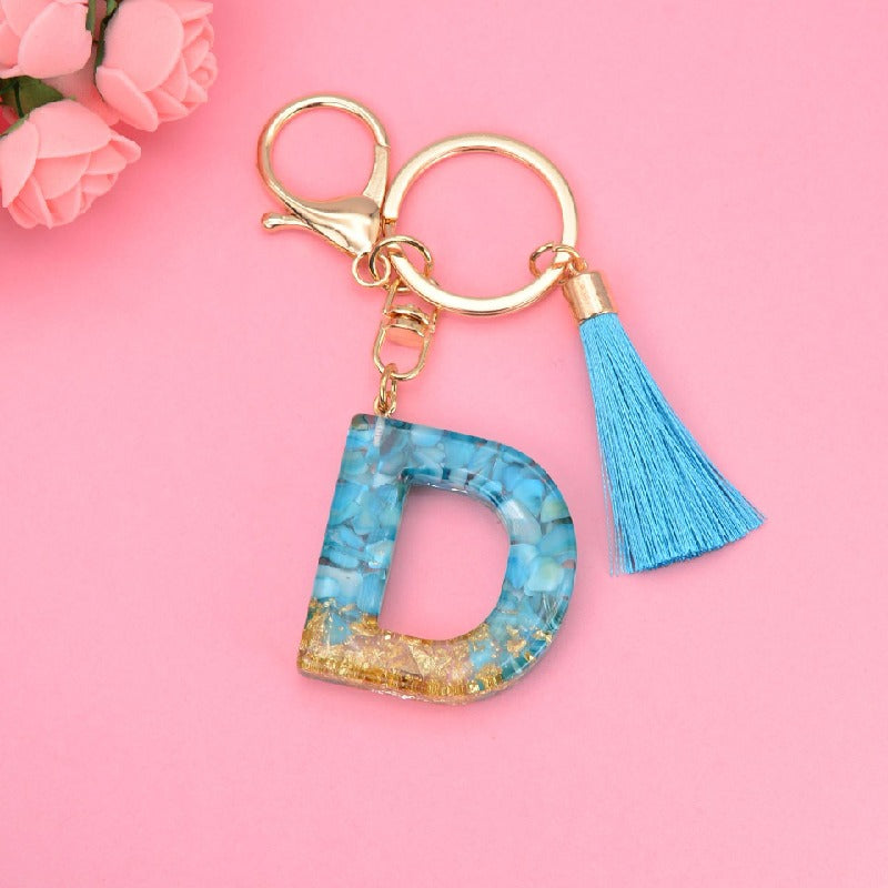 Blue Resin Tassel Monogram Keychain with Gold Flake Accent 7