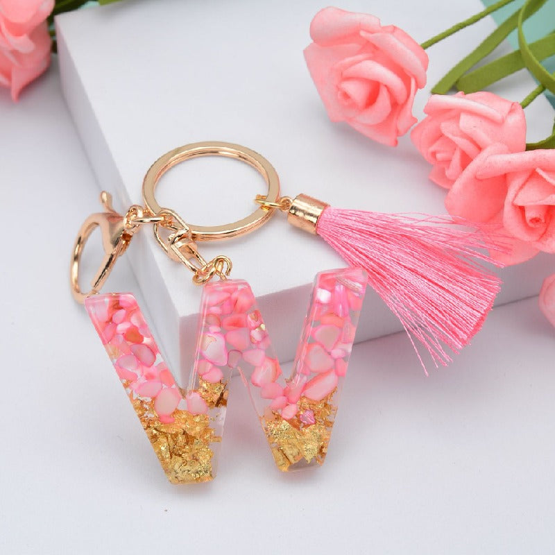 Resin Floral Pink Tassel Monogram Keychain Alphabet Letter A 23