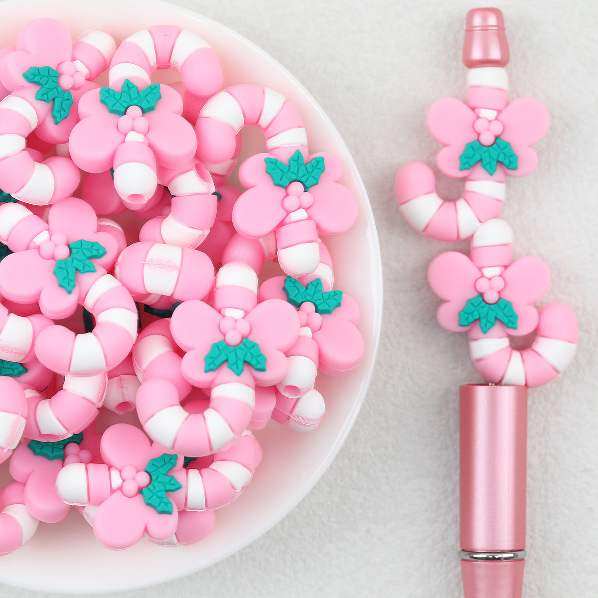 3D Pink Candy Cane Silicone Focal Beads Wholesale, Christmas Holly Design