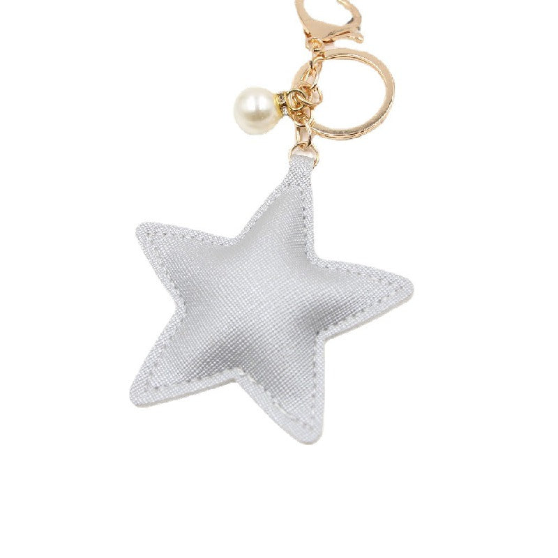 Leather Star Keychain with Faux Pearl Charm Gold and Silver 5