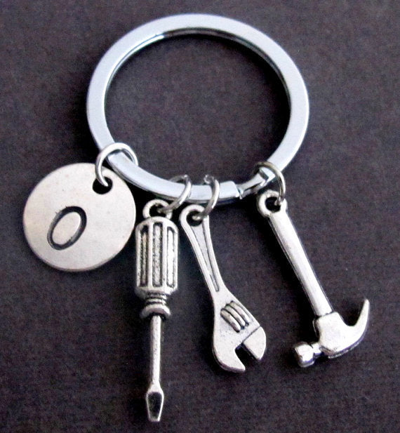 Alloy Handyman Tool Round Tag Keychain Polished Silver Metal 22