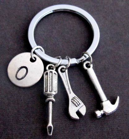 Alloy Handyman Tool Round Tag Keychain Polished Silver Metal 22