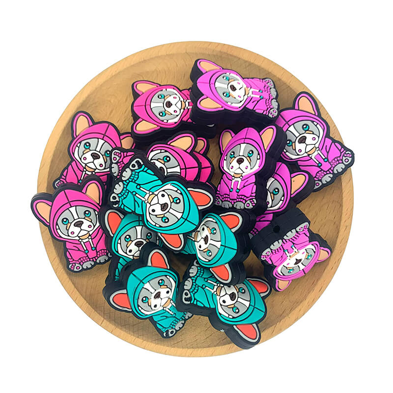 Silicone Focal Beads Bull Dogs Wearing Hoodies Pink and Turquoise Green 20 pcs 2