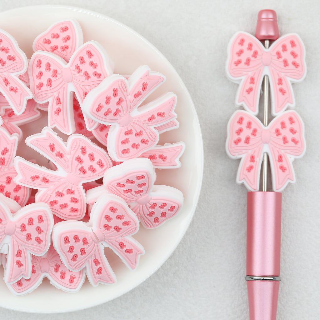 Pink Ribbon Bow Silicone Focal Beads 20Pcs 