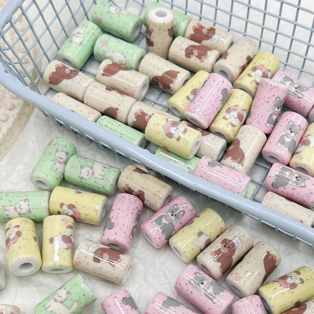 Spring Acrylic Tube Beads 18mm Cute Puppy Printed Glossy 10pcs