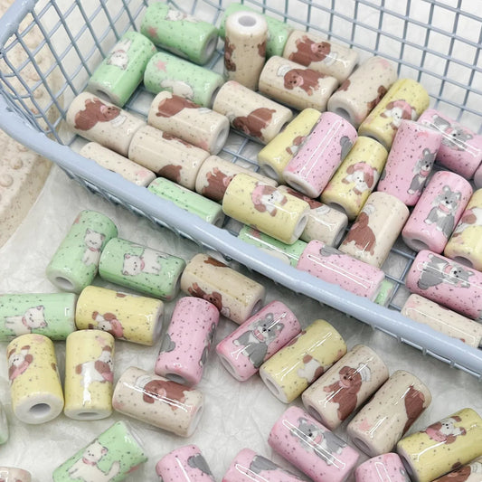 Spring Acrylic Tube Beads 18mm Cute Puppy Printed Glossy 10pcs