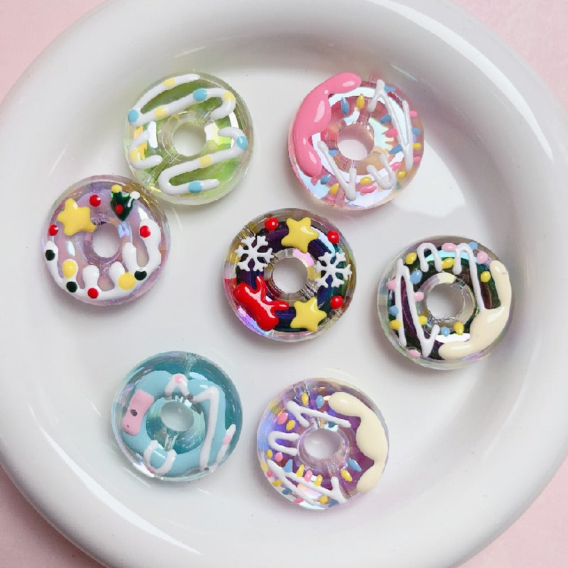 Hand Painted Donut Acrylic Beads 27x30mm Colorful Icing 5pcs