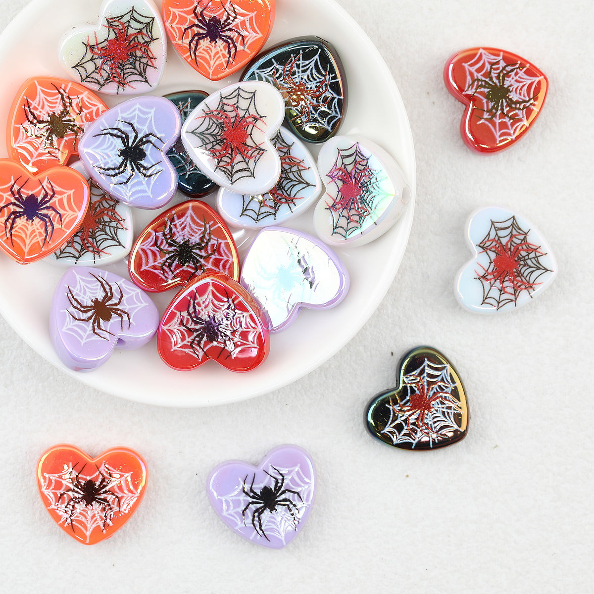 Heart Spiderweb Acrylic Beads Wholesale, Flat Halloween Design, 20mm