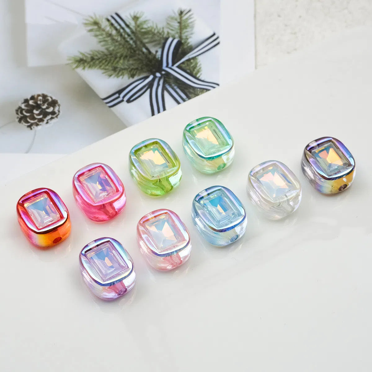 Transparent Square Acrylic Beads 14mm Imitation Zircon Sparkling 20pcs