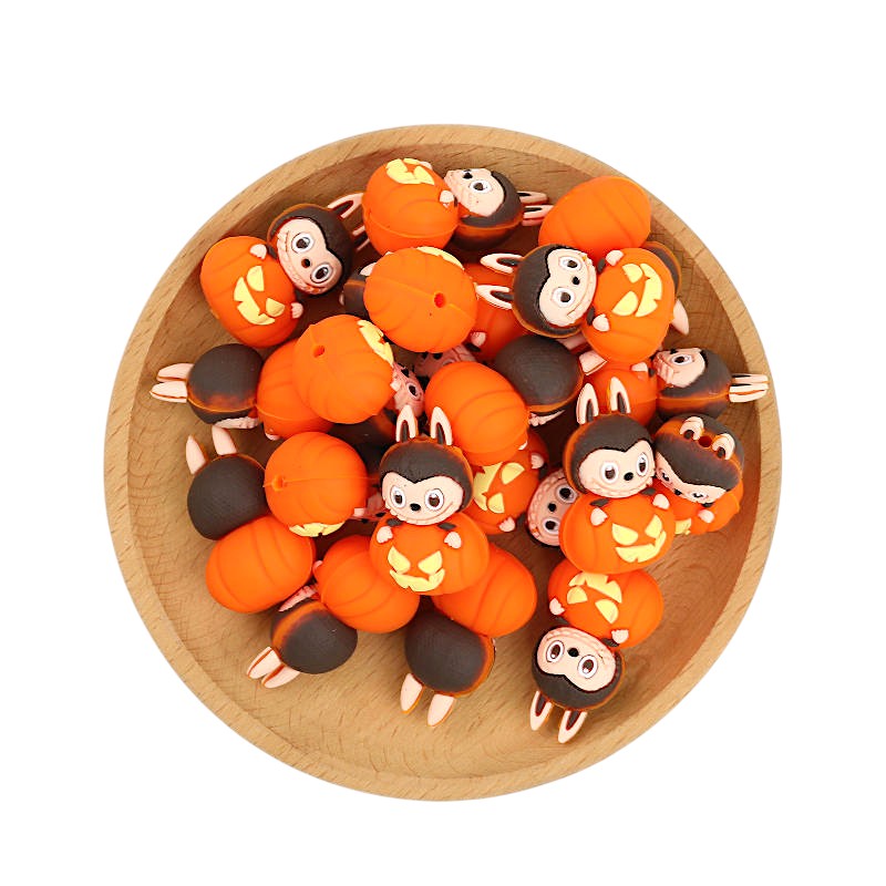 Silicone 3D Focal Beads Halloween Pumpkin Bunny Ears Holding Pumpkin 20pcs 3