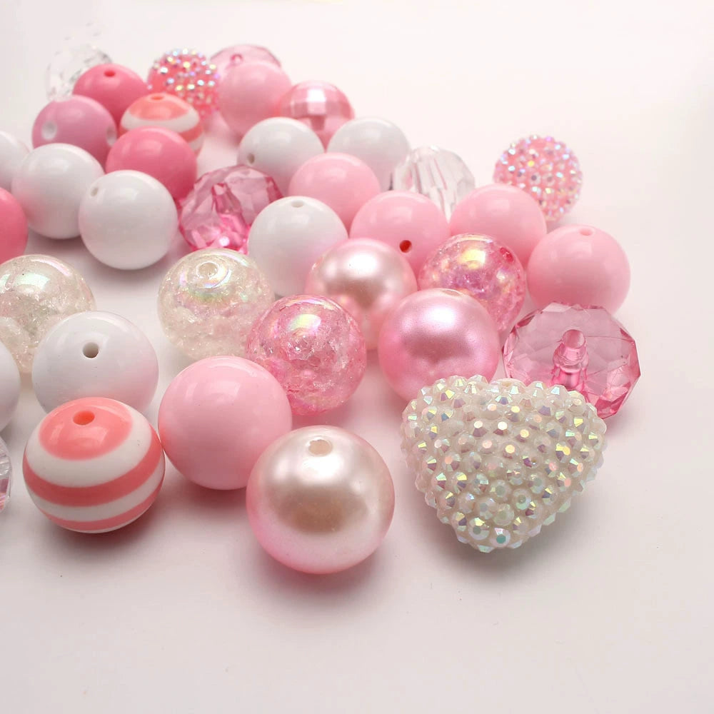 Bubblegum Beads 20mm White Pink Pearly Rhinestone Chunky Mix 48pcs