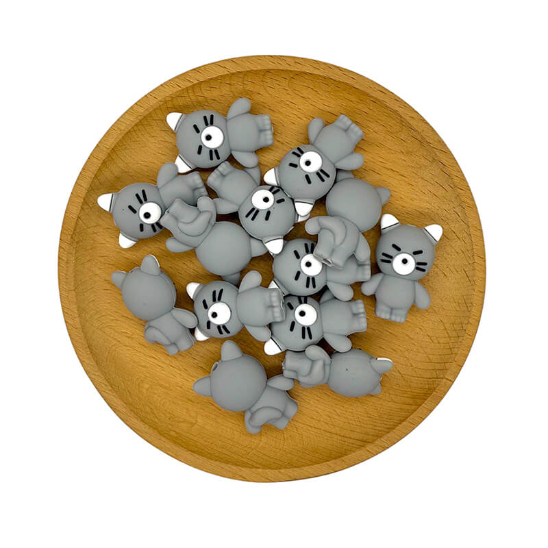 Silicone 3D Focal Beads Grey Cat Front View 20pcs 2
